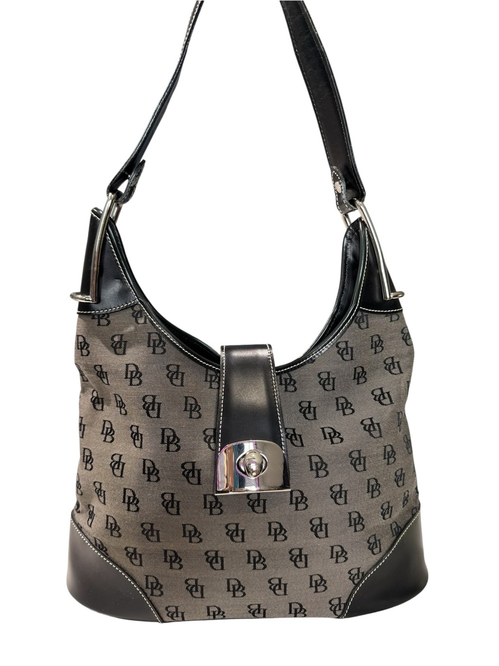 Dooney & Bourke Black and Gray Monogram Siilver Tone Hardware Hobo Shoulder Bag